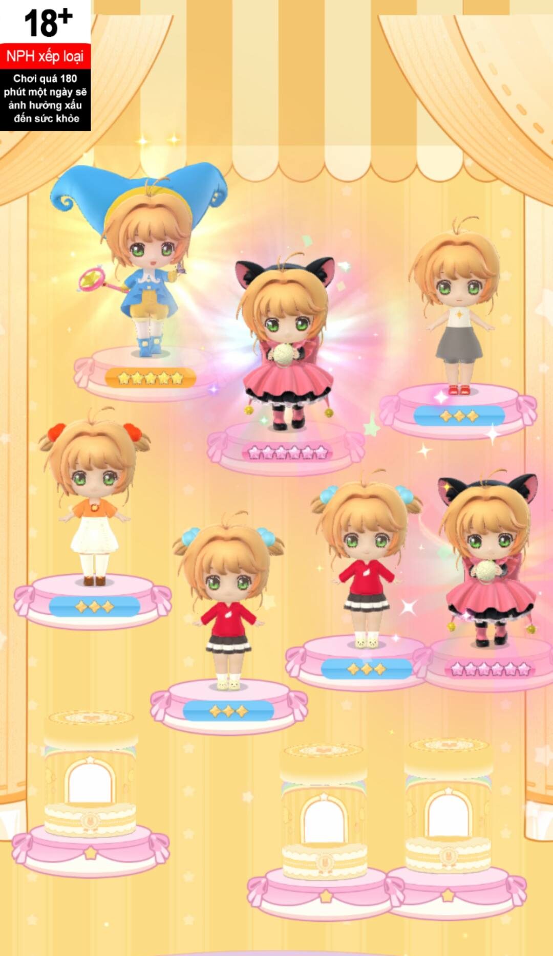 Mhân vật Sakura Kinomoto trong trang phục khác nhau, được vẽ theo phong cách chibi dễ thương, lấy cảm hứng từ bộ anime Cardcaptor Sakura