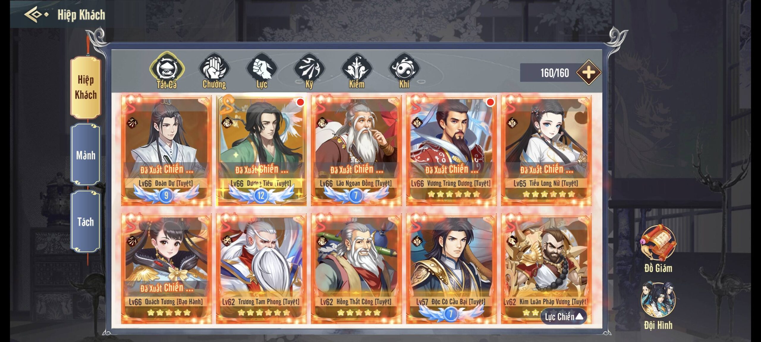 Giao diện danh sách Hiệp Khách trong game Thiên Hạ Ngũ Tuyệt, hiển thị dàn tướng bậc S phẩm chất cam cấp độ cao