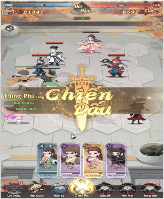 Giao diện chiến đấu game Kiếm Hiệp Auto Chess hiển thị màn hình 'Chiến Đấu' bùng nổ trên bàn cờ lục giác 6 vị tướng Chibi đang dàn trận
