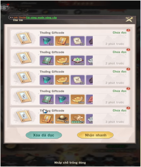 Giao diện hòm thư game Kiếm Hiệp Auto Chess hiển thị danh sách 5 phần thưởng Giftcode với nhiều vật phẩm giá trị như Kim Nguyên Bảo, Vé chiêu mộ, Đá nâng cấp và Mảnh tướng