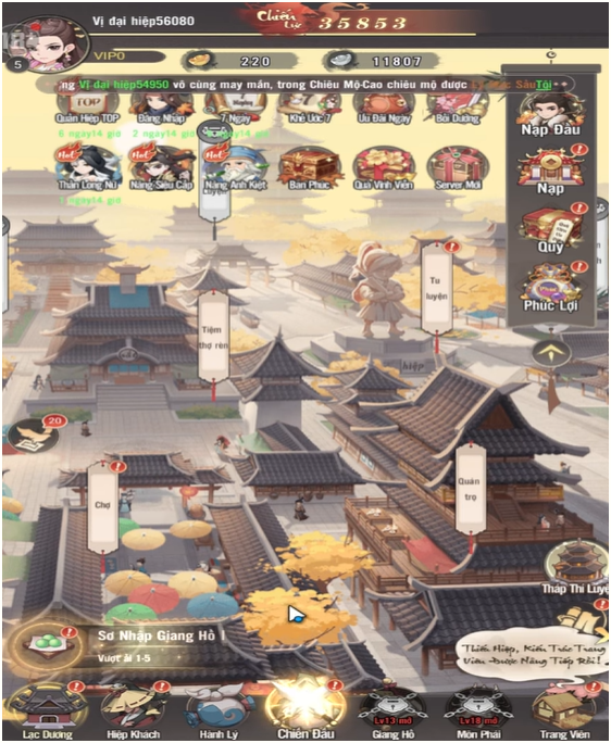 Giao diện thành chính trong game Kiếm Hiệp Auto Chess với phong cách kiến trúc cổ trang