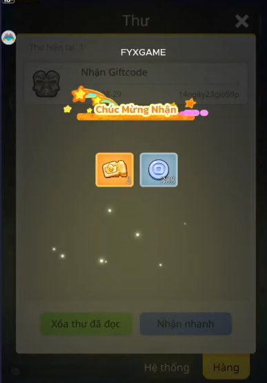Màn hình xuất hiện Chúc Mừng Nhận các vật phẩm giá trị