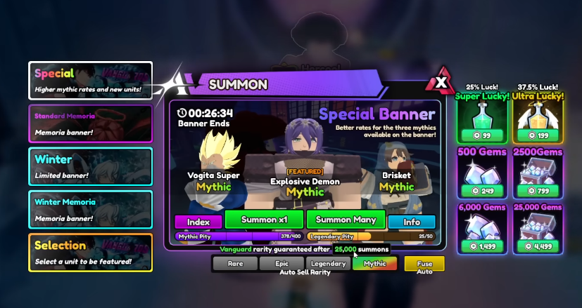 Summon (Triệu hồi) - khu vực quan trọng và kịch tính nhất trong Anime Vanguards, nơi người chơi sử dụng Gems để tìm kiếm các nhân vật mạnh mẽ cho đội hình của mình