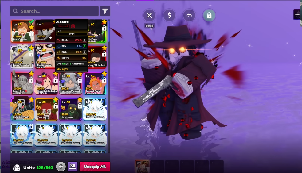 Giao diện quản lý nhân vật (Inventory) trong tựa game Anime Vanguards trên Roblox