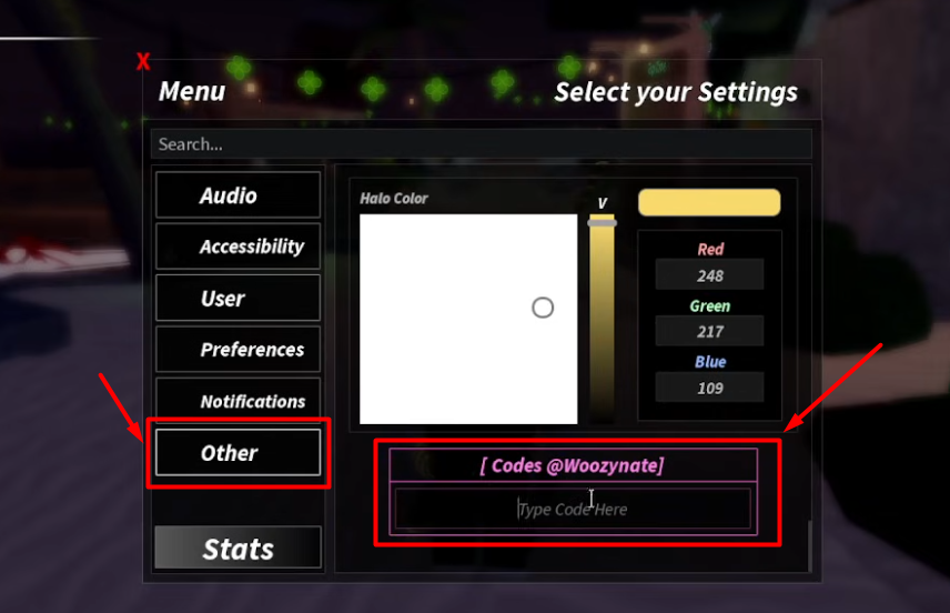Tìm mục Other, tại ô "Typer Code Here" hãy nhập mã code Fisch vào, nhấn Stats để nhận thưởng
