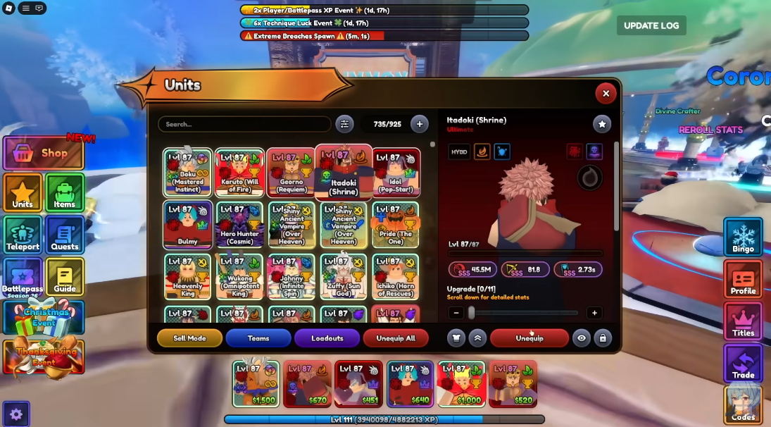 Giao diện quản lý Units trong Anime Last Stand với các nhân vật bậc Ultimate và Celestial như Itadaki Shrine, Goku, và Karuto