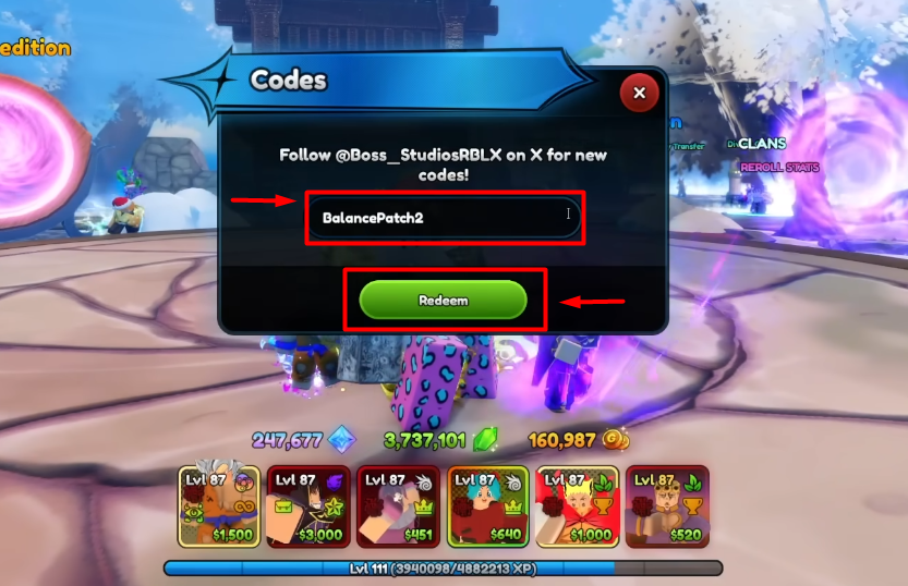 Nhập mã Giftcode Anime Last Stand vào ô trống và bấm REDEEM