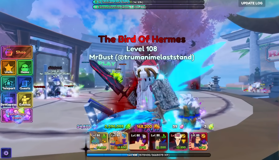 Giao diện sảnh chờ Anime Last Stand Roblox hiển thị sự kiện Easter Hunt, số lượng Gems, Emeralds và đội hình nhân vật