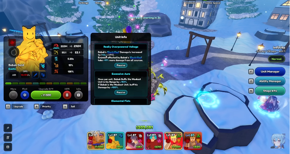 Giao diện chi tiết nhân vật Bobak Gold bậc Exotic trong Anime Last Stand với bảng kỹ năng Passive và chỉ số DPS