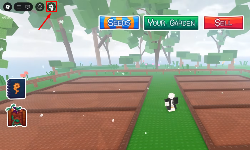 Truy cập vào Roblox, chọn game Grow a Garden, chọn vào biểu tượng Cài đặt (Settings)