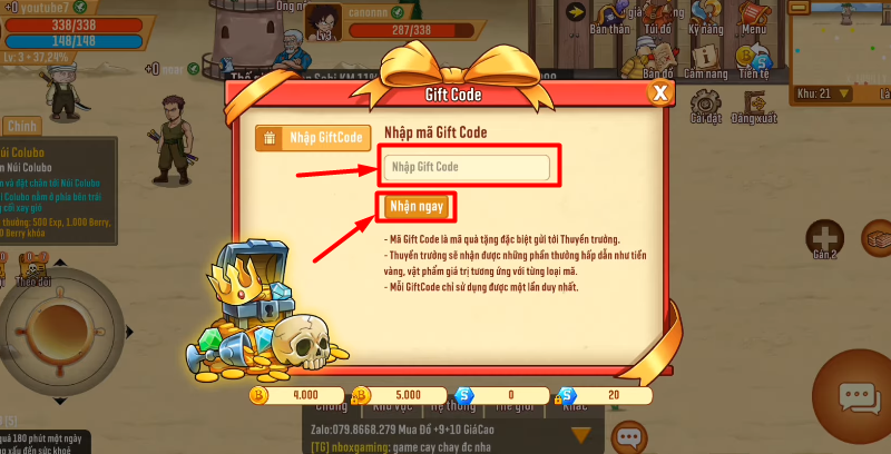 Nhập mã Giftcode Đại Hải Trình và bấm Nhận ngay