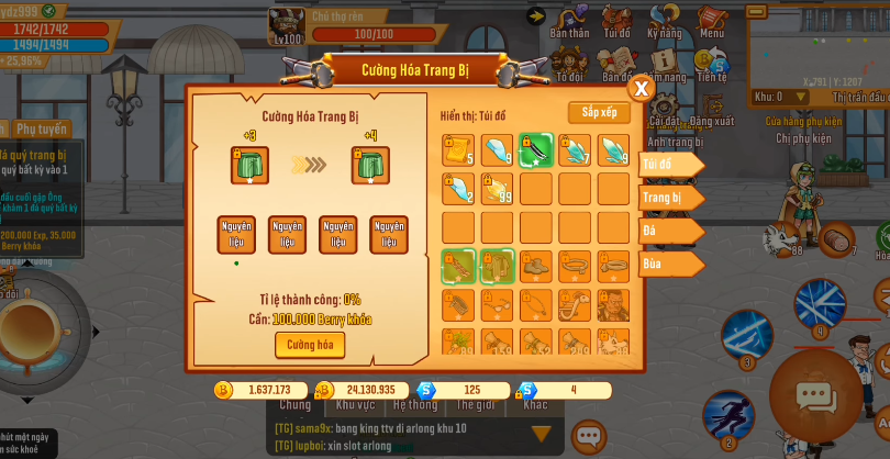 Giao diện Cường hóa trang bị trong game Đại Hải Trình King of Sea sử dụng Berry khóa và nguyên liệu nâng cấp