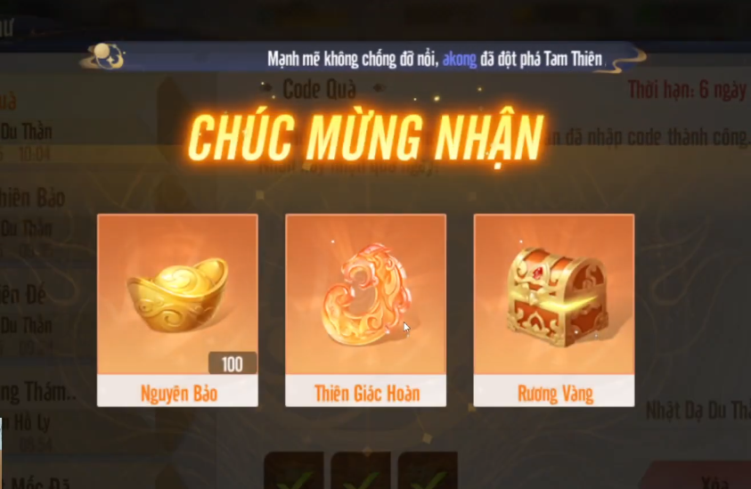 Màn hình sẽ hiển thị thông báo CHÚC MỪNG NHẬN được những phần quà giá trị