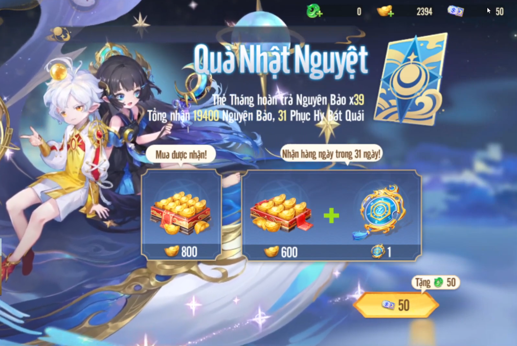 Gói quà Nhật Nguyệt Tây Du VNG - Thẻ tháng hoàn trả 39 lần Nguyên Bảo và Phục Hy Bát Quái