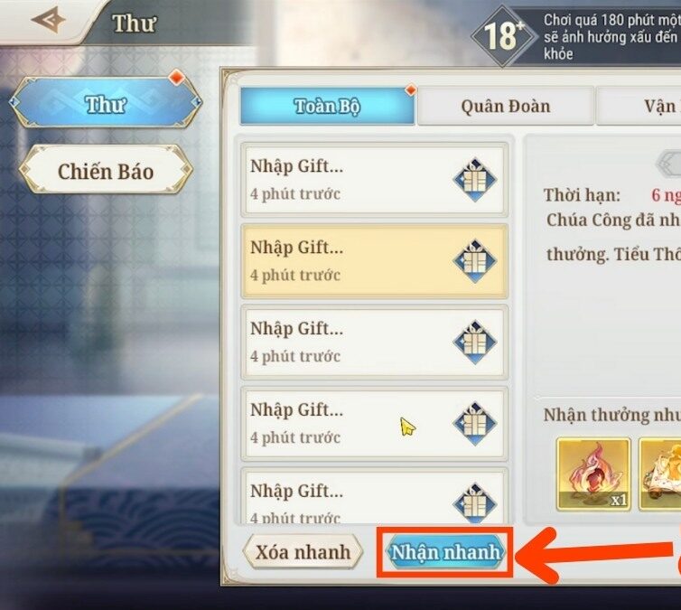 Chọn Toàn Bộ và chọn Nhận nhanh