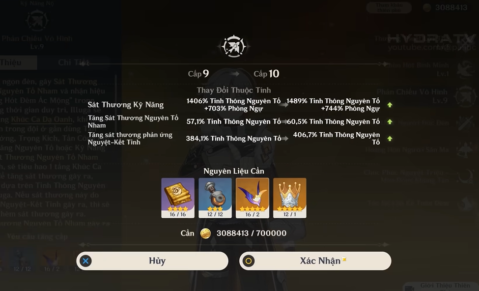 Giao diện nâng cấp Thiên phú (Talent) từ cấp 9 lên cấp 10 cho một nhân vật sử dụng Cung trong Genshin Impact