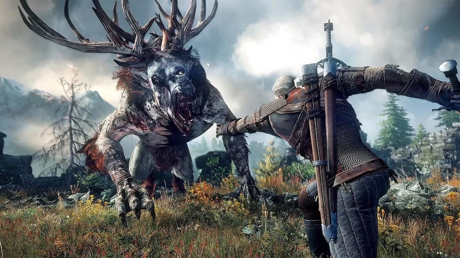 Hình ảnh Geralt chiến đấu với Leshen trong The Witcher 3