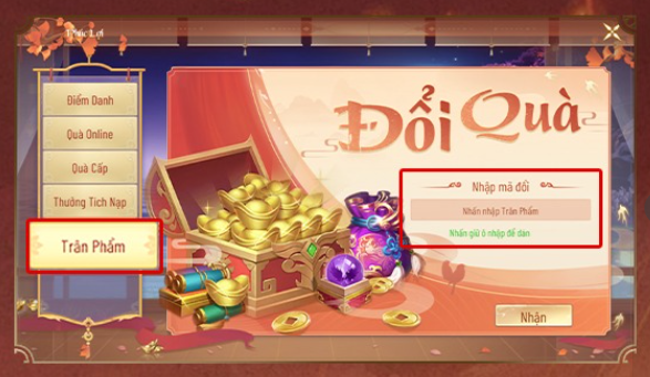 Nhập Giftcode Chiến Hỏa Tam Giới và nhấn nút Nhận