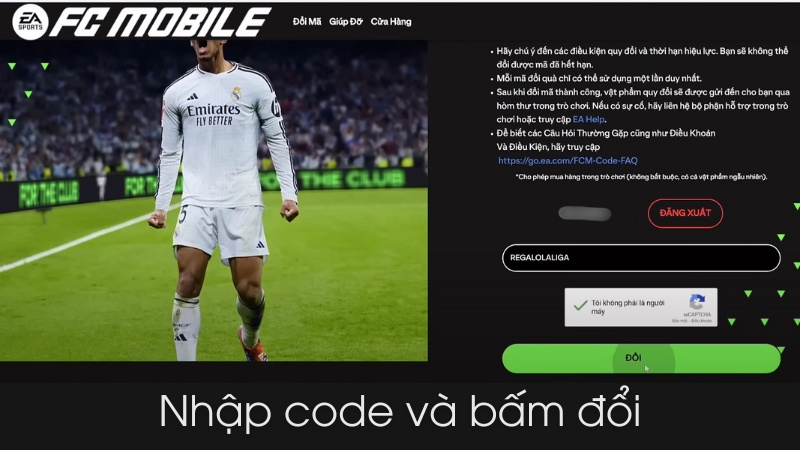 Nhập mã Giftcode FC Mobile và bấm nút Đổi để nhận thưởng