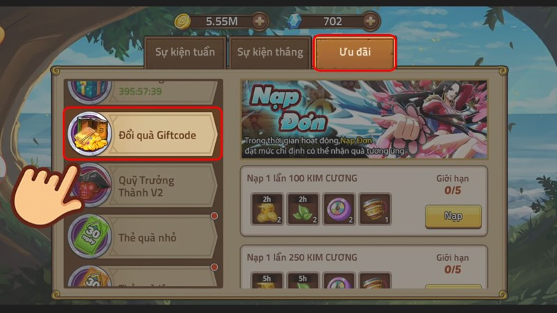 Hãy chọn vào mục Ưu đãi, sau đó tìm và chọn vào mục Đổi quà Giftcode