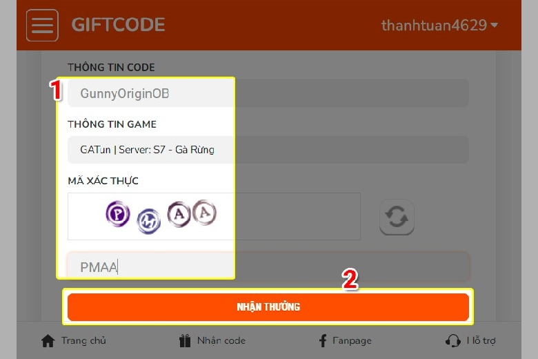 Hãy nhập code ... vào ô tương ứng. Chọn nhân vật và máy chủ bạn đang chơi. Điền mã xác thực (mã Captcha) hiển thị trên màn hình