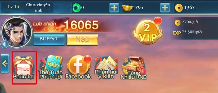 Đăng nhập vào game. Truy cập mục Phúc Lợi xuất hiện phía trên màn hình