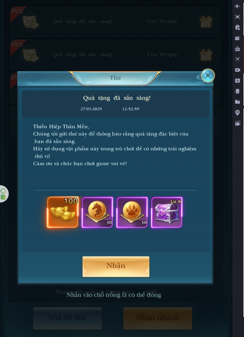 Hãy kiểm tra phần thưởng trong hộp Thư của bạn
