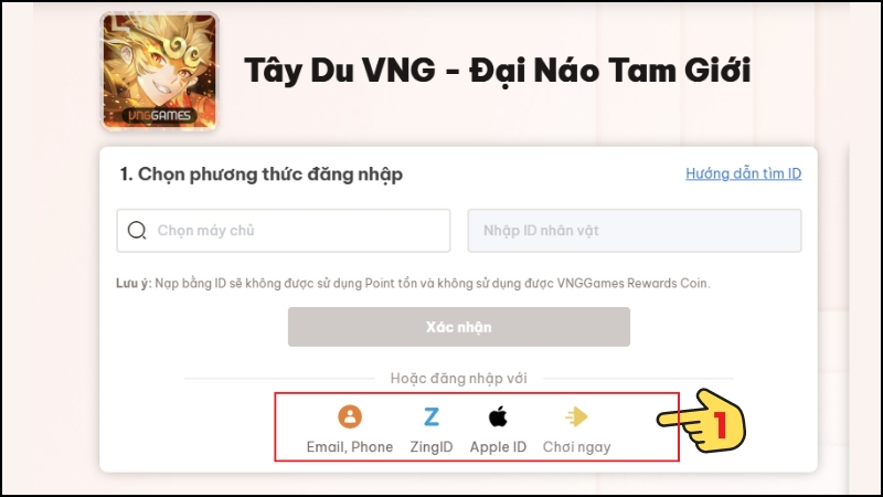 Truy cập game Tây Du VNG, hãy đăng nhập vào tài khoản game bằng ID hoặc tài khoản