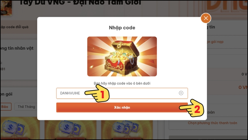 Nhập mã code Tây Du VNG và nhấn Xác nhận để nhận phần thưởng
