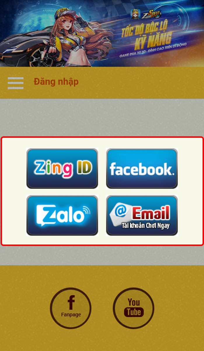 Truy cập vào trang ZingSpeed Mobile và chọn hình thức đăng nhập