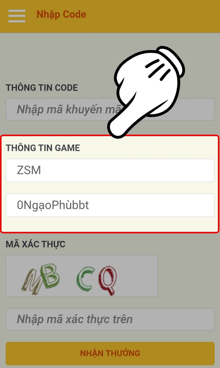 Điền Thông Tin Game (Tên nhân vật) mà bạn cần nhận code