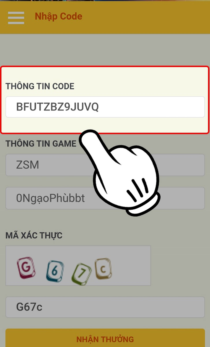 Nhập mã giftcode ZingSpeed Mobile vào khung Thông Tin Code