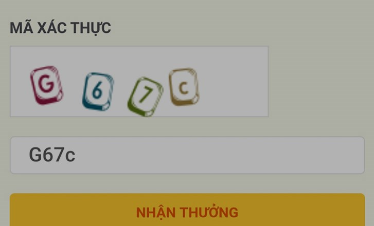 Nhập mã xác thực và nhấn Nhận Thưởng