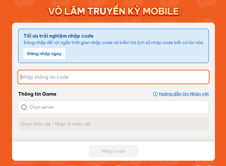 Hãy nhập code Võ Lâm Truyền Kỳ Mobile, sau đó nhập Thông tin Game và chọn Server
