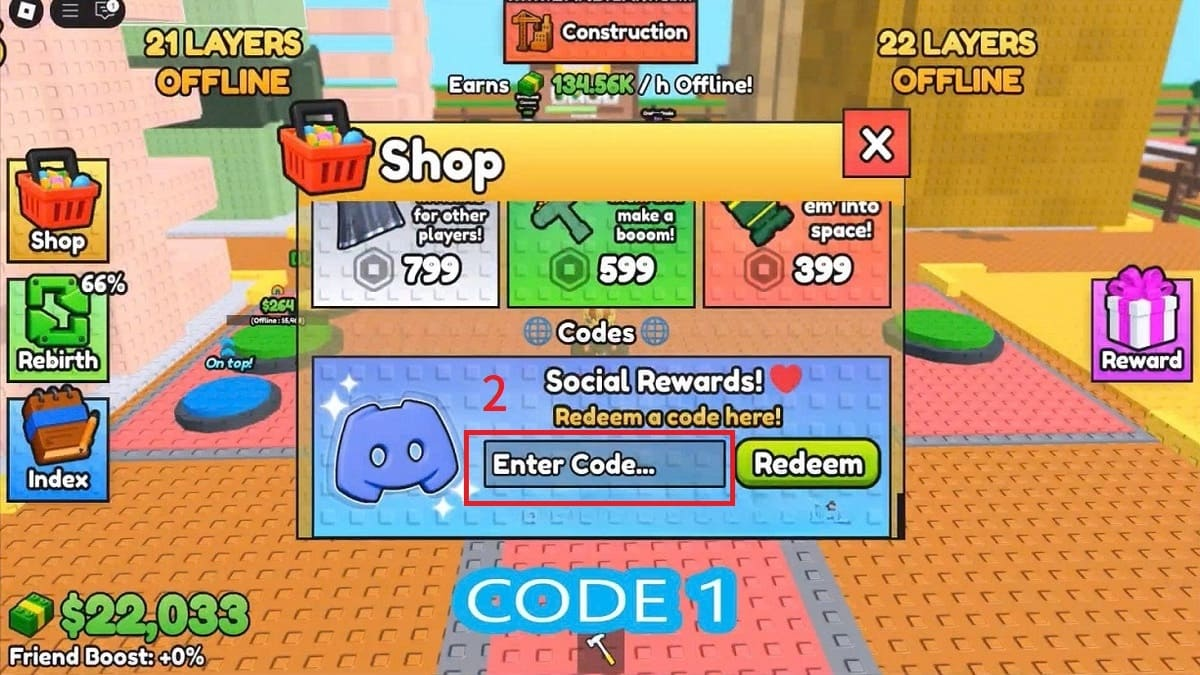 Nhập mã Giftcode Build a Tower và nhấn Xác nhận (Redeem)