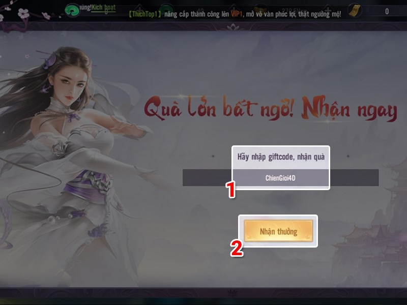 Nhập Giftcode Chiến Giới 4D và nhấn Nhận thưởng