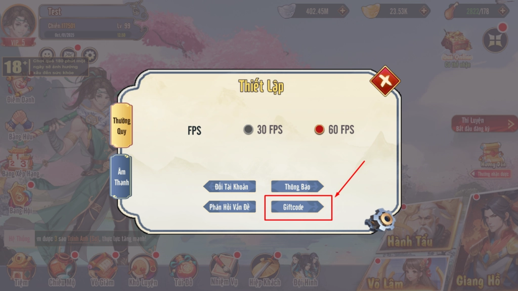 Truy cập mục Giftcode trong mục Thiết Lập