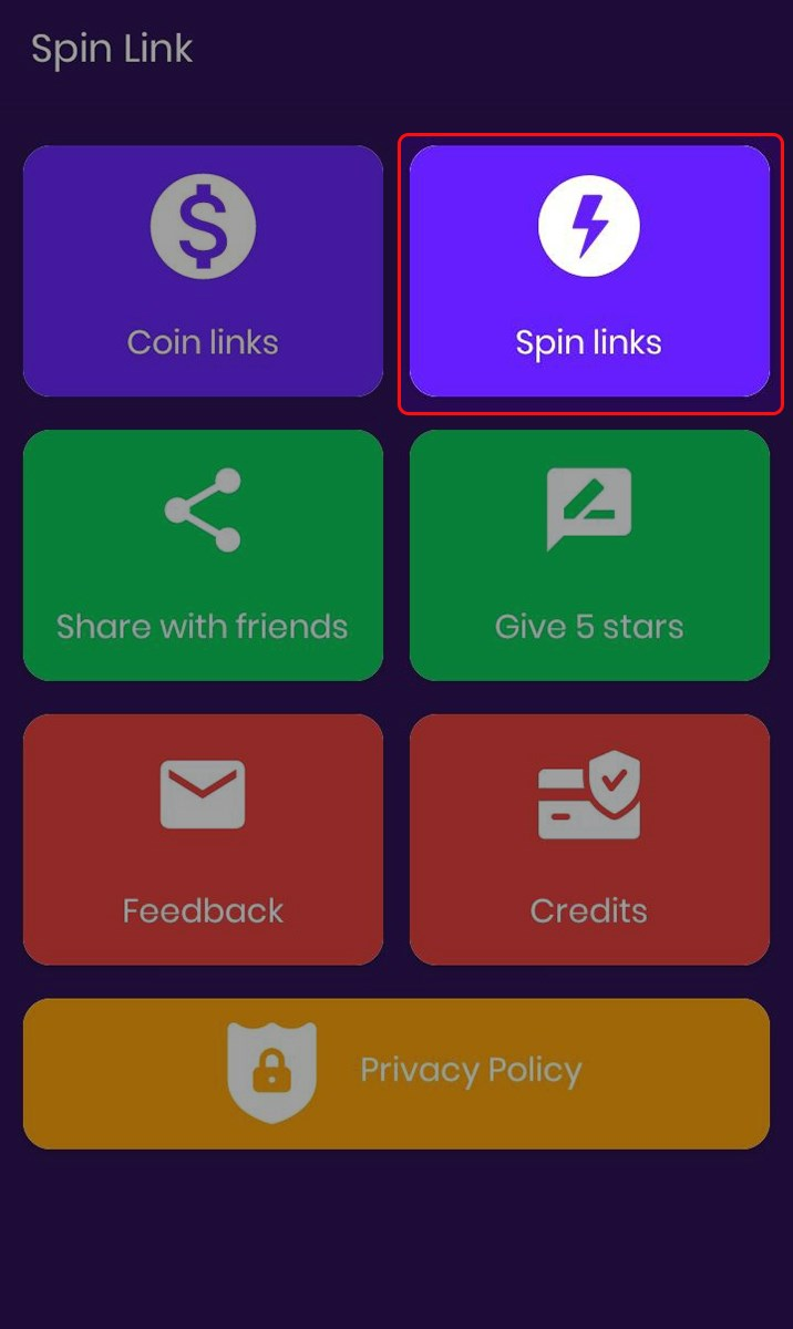 Truy cập vào app và chọn vào Spin Links