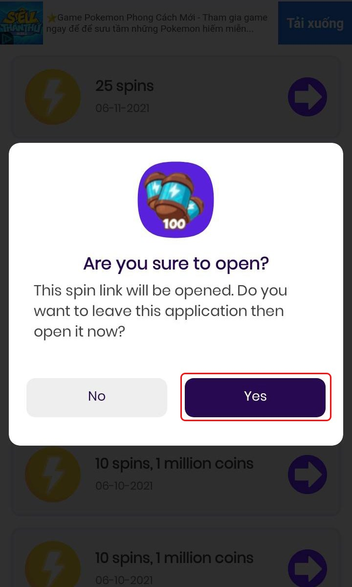 Thông báo xuất hiện trên màn hình để nhắc bạn đăng nhập vào game Coin Master, hãy bấm chọn Yes để vào game