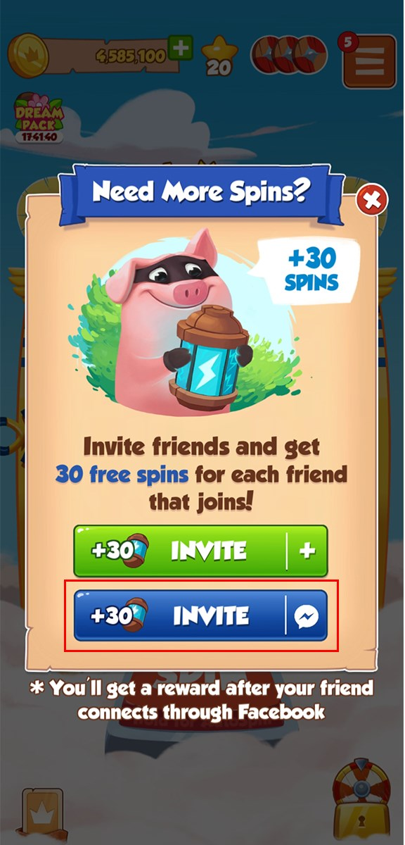 Đăng nhập vào game Coin Master và chọn vào Invite Friends with Messenger