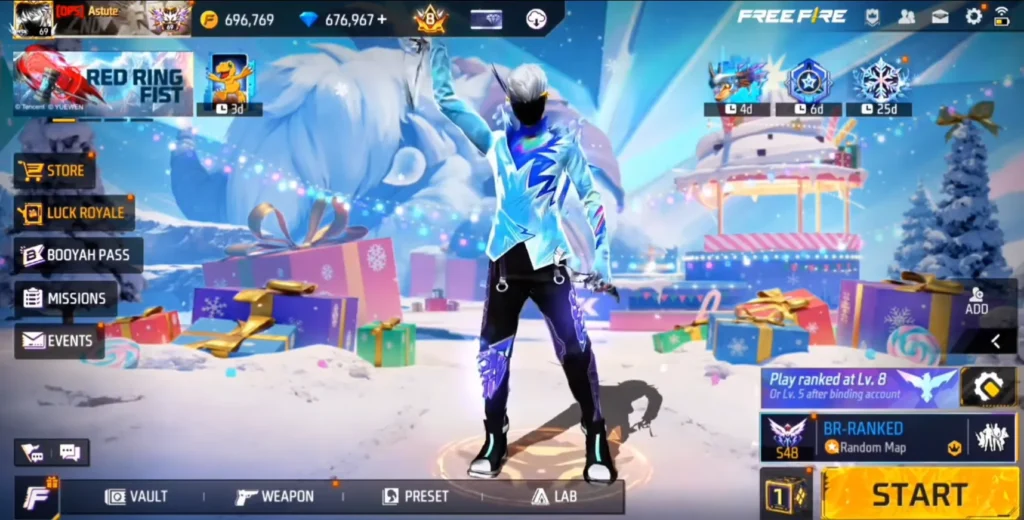 Giao diện màn hình chơi game Free Fire với phiên bản Winterlands: Dreamspace FF