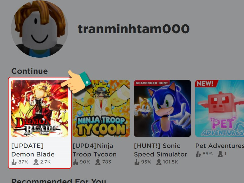 Vào Roblox tìm và chọn mode chơi Demon Blade Tycoon