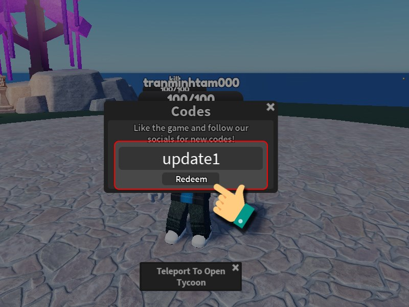 Nhập mã Giftcode Demon Blade Tycoon và nhấn Redeem