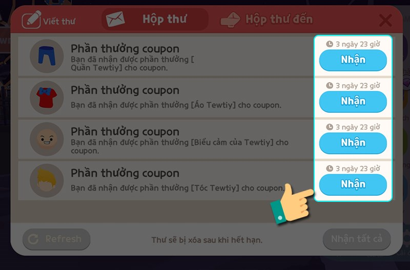 Chọn vào Nhận để thu thập các phần thưởng
