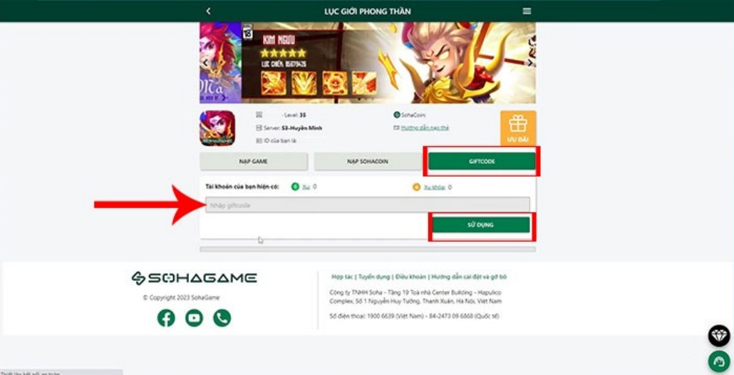 Nhấn vào mục GIFTCODE và nhập mã Giftcode Phong Thần Lục vào ô trống, sau đó nhấn SỬ DỤNG