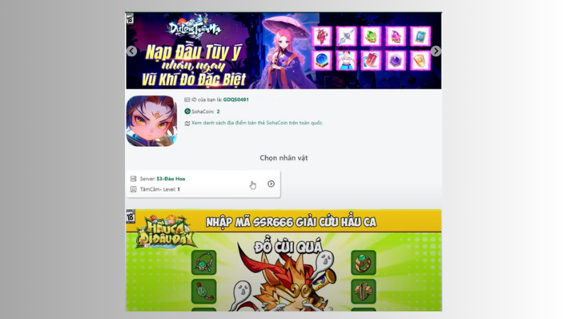 Chọn vào nhân vật và chọn server, chọn mục Giftcode