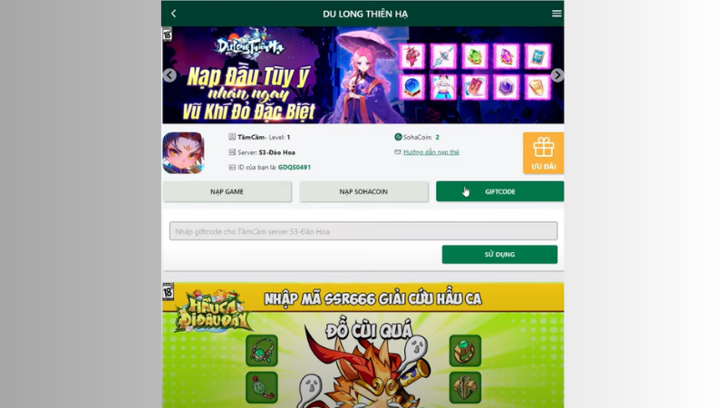 Nhập mã Giftcode Du Long Thiên Hạ Mobile vào ô trống, sau đó nhấn SỬ DỤNG