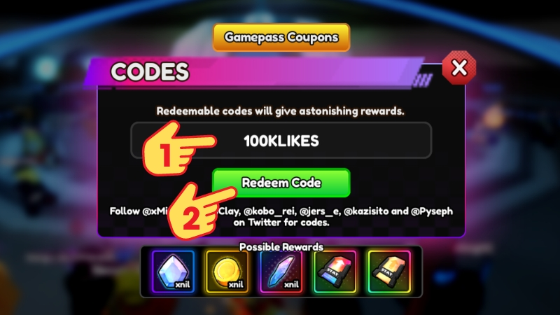 Nhập Giftcode Anime Vanguards và nhấn vào Redeem Code