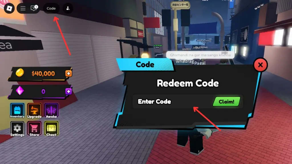 Nhấn vào mục Code, sau đó tại ô "Enter Code", nhập code Blade X Zombies và nhấn Claim