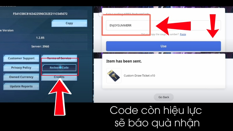 Chọn vào Redeem Code, hãy nhập Giftcode Solo Leveling Arise và bấm Use